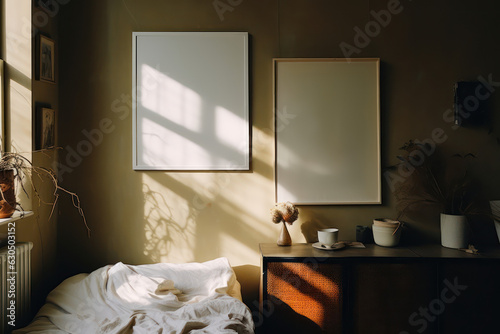 artistic frame canvas mock up in a curated whimsical studio setting / vintage artists desk, atelier bohemian style with natural light and shadows - ai generative art