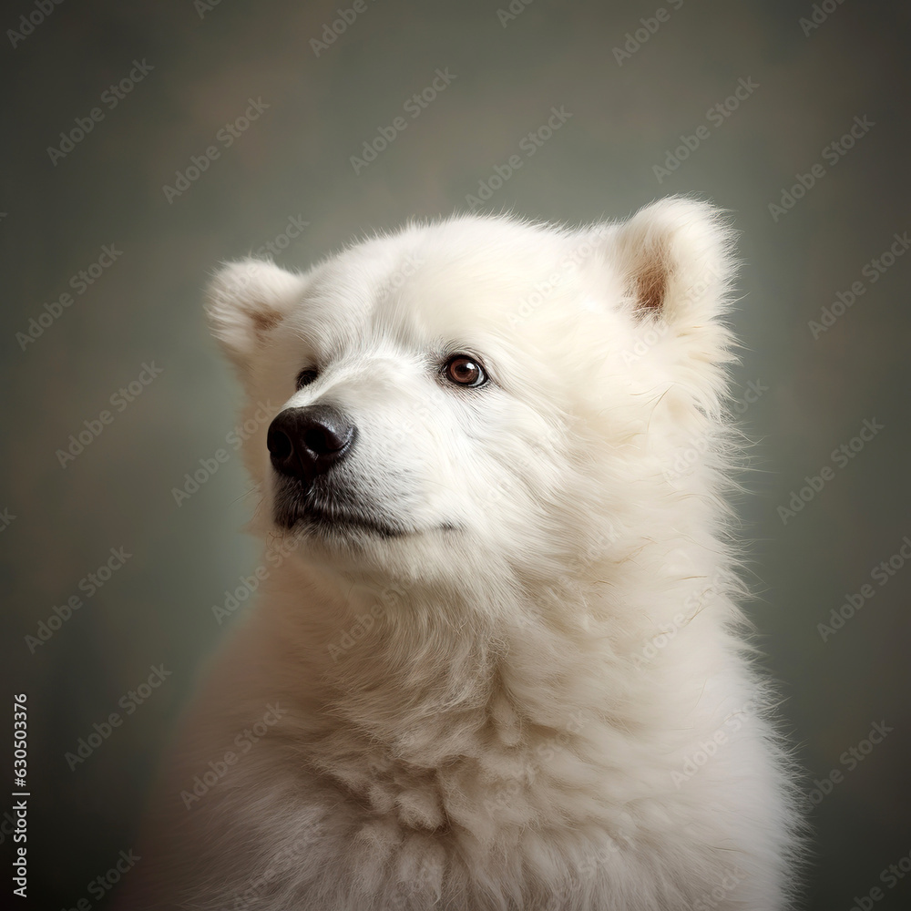White bear, close-up portrait. Umka on a gray background. Postcard design, educational literature, tourism. Generative AI
