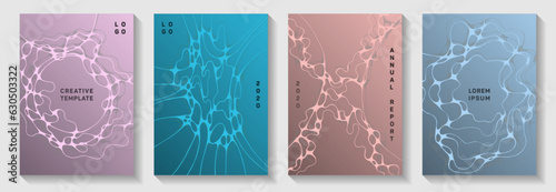 Gorgeous club party posters. Complex waves geometry textures. Soft title page vector layouts. Electronic music party posters set fluid wavy graphic design.