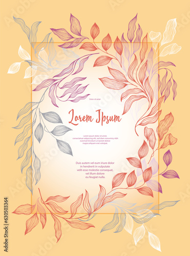 Bay leaves frame vector greeting card template. Rustic card design with laure...