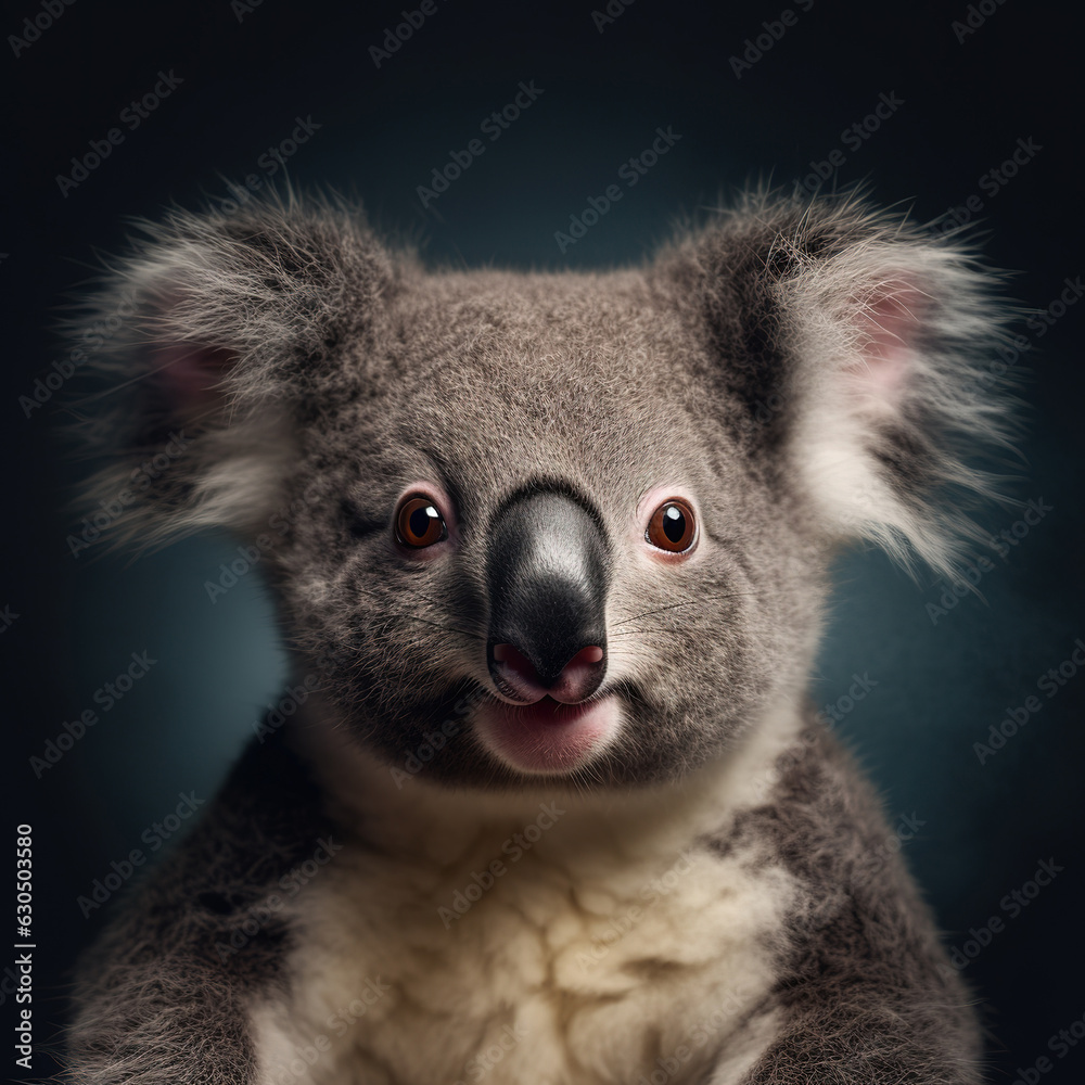 Obraz premium Koala on a blue background close-up studio portrait. Australian marsupial bear. Generative AI.
