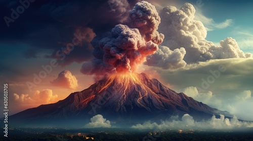 A majestic volcano stands tall against the horizon, billowing smoke and lava. Generative AI