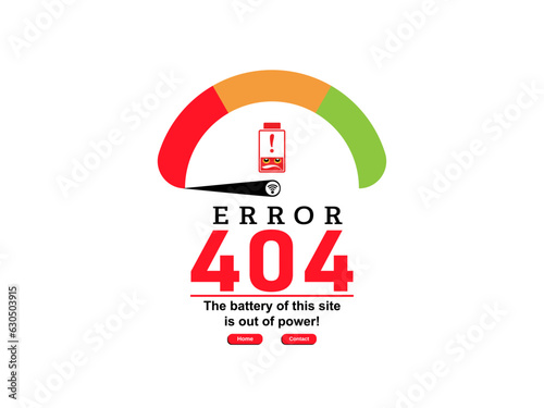 Funny error 404 abstract design with empty battery. Webpage internet security warning to use in programming, web development, webpage error, error 404 projects. 