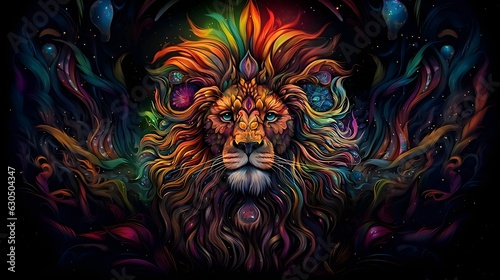 Lion head psychedelic painting intricate details with black background. 8k resolution