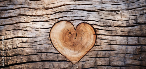 A wooden heart sawn from a tree. Generative AI.