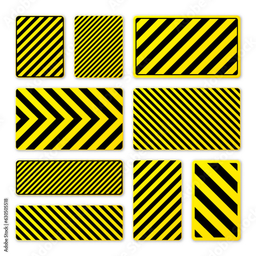 Various black and yellow warning signs with diagonal lines. Attention, danger or caution sign, construction site signage. Realistic notice signboard, warning banner, road shield. Vector illustration