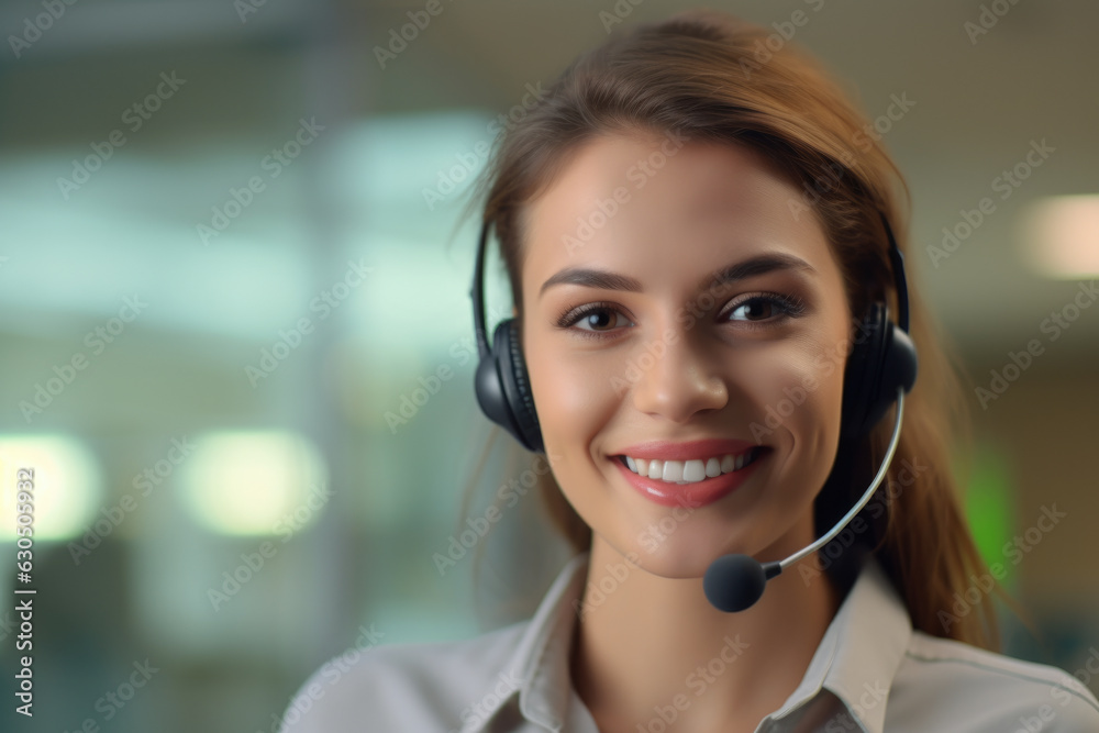 Portrait of call center woman worker with warm smile, wearing headset, and representing excellent customer service. Portrait of call center woman worker with warm smile, wearing headset, and representing excellent customer service.