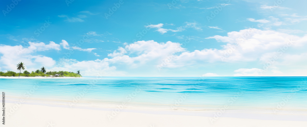 Calm summer empty beach. With bright blue water. Vacation, trip, vacation, flight. Ai generation