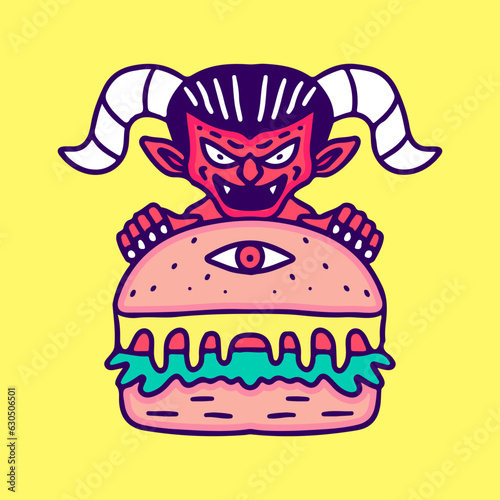 Devil holding one eye burger, illustration for t-shirt, sticker, or apparel merchandise. With doodle, retro, and cartoon style.