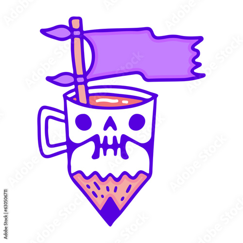 Skull, pencil, mug, and flag, illustration for t-shirt, sticker, or apparel merchandise. With doodle, retro, and cartoon style.