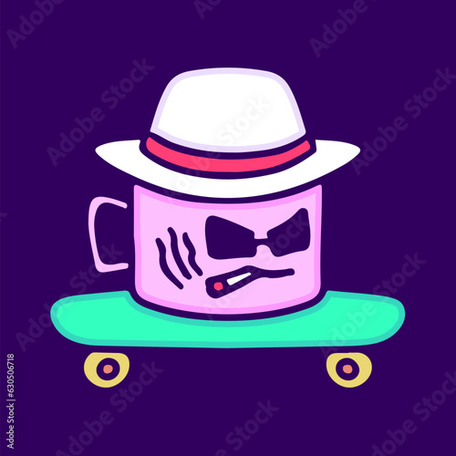 Cool mug character wearing mafia hat and riding skateboard, illustration for t-shirt, sticker, or apparel merchandise. With doodle, retro, and cartoon style.