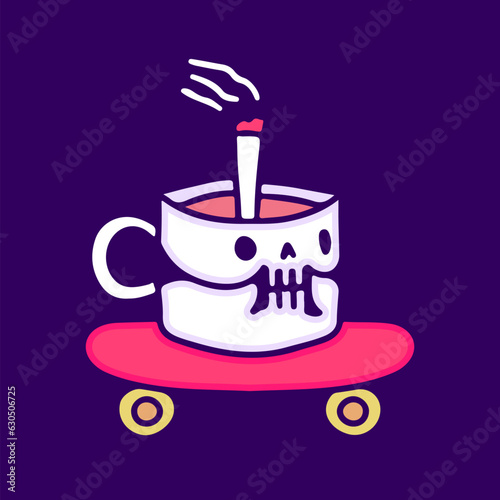 Skull glass head with cigarette inside riding skateboard, illustration for t-shirt, sticker, or apparel merchandise. With doodle, retro, and cartoon style.