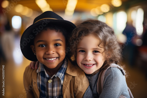 Two smiling 6 year old interracial best friends having a good time together at school. preschool. Happy childhood. grow in harmony friendship concept. super realistic AI generated illustration © MariaJos