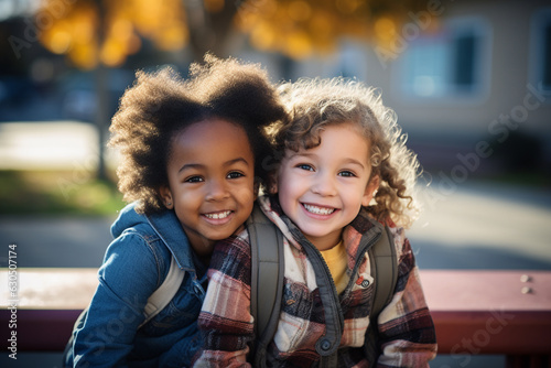 Two smiling 6 year old interracial best friends having a good time together at school. preschool. Happy childhood. grow in harmony friendship concept. super realistic AI generated illustration