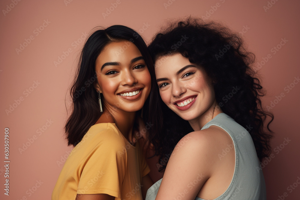 Two interracial best friends smiling and having a good time together in a studio. color pastel background. love. illustration created with AI Two interracial best friends smiling and having a good time together in a studio. color pastel background. love. illustration created with AI
