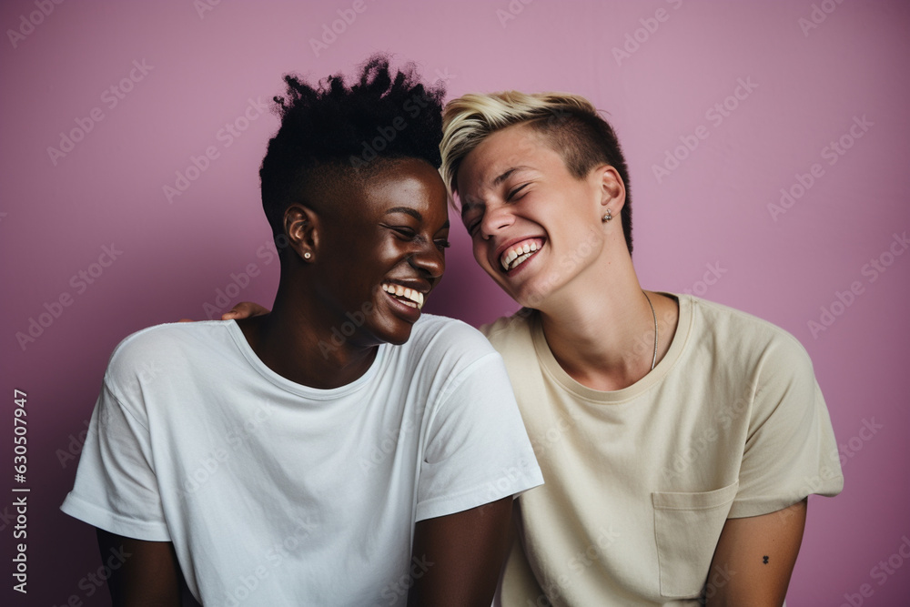 Two interracial best friends smiling and having a good time together in a studio. color pastel background. love. illustration created with AI Two interracial best friends smiling and having a good time together in a studio. color pastel background. love. illustration created with AI