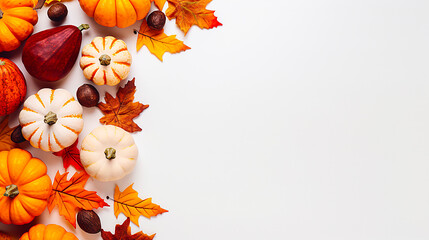 Autumn leaves and autumn fruits on white background with copy space