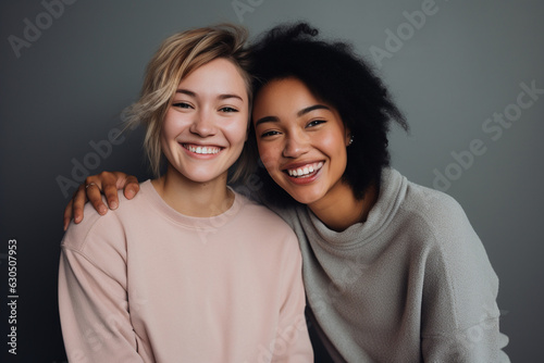 Two interracial best friends smiling and having a good time together in a studio. color pastel background. love. illustration created with AI