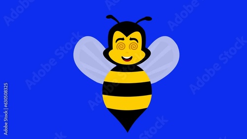 video animation insect bee cartoon, hypnotized with eyes rotating in a spiral shape. On a blue chroma key background