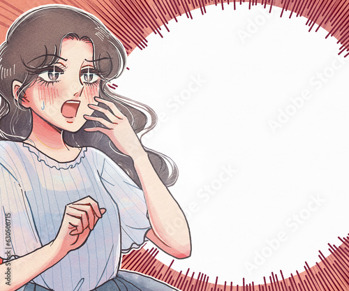 1970年代の少女漫画風の女性と、心の声ふきだしバナー