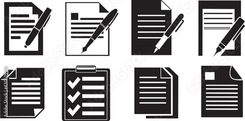 Black and white document with pen icons set. Form icons set. Document form silhouette. Set of document icons in different style. Vector illustration.