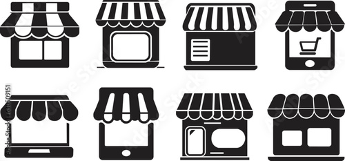 Black and white online store icons. Set of online store silhouettes. Set of online stores vector illustrations.