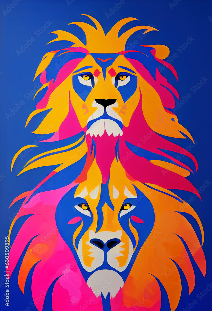 Drawing with two lion heads on a blue background. AI-generated