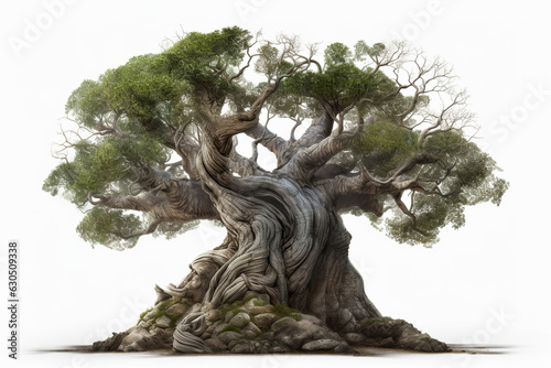 Old twisted tree full of leaves on white background. Chestnut or olive tree on a white background. Realistic 3D illustration. Generative AI