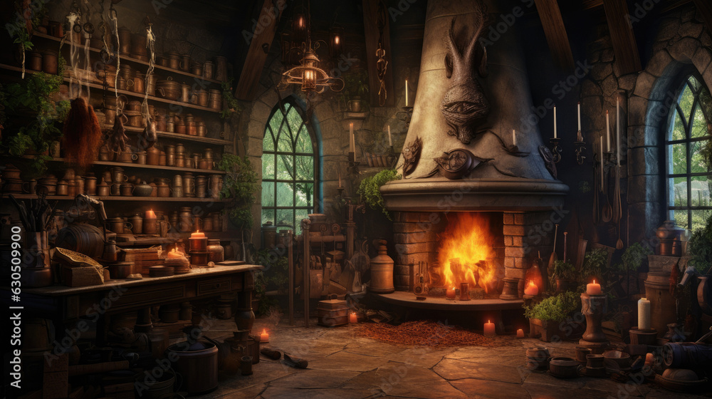 Halloween room scary fireplace background witch
