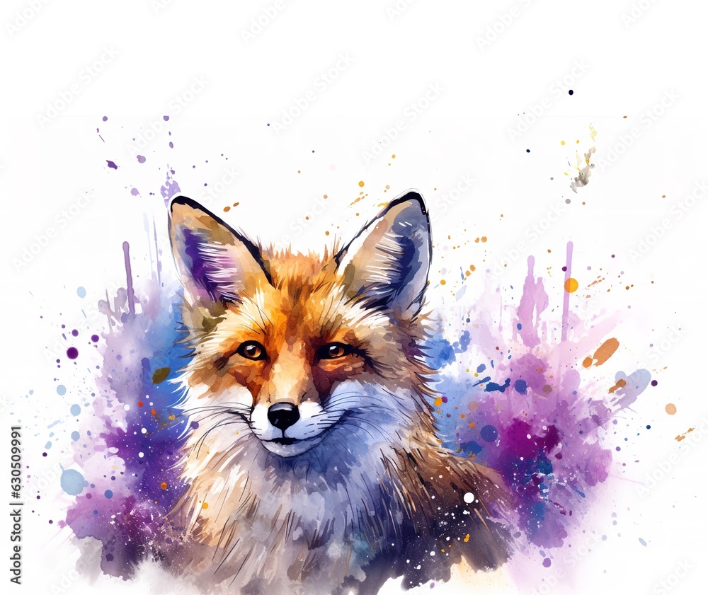 red fox, watercolor, cute and colorful style. Generative AI