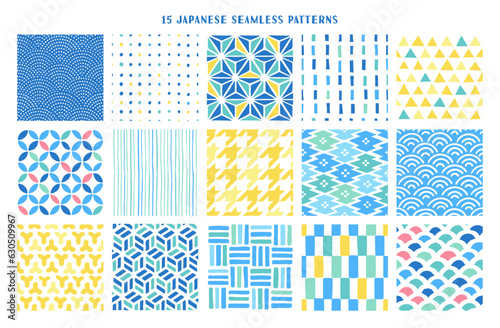 Foto 15種類の手書きの和柄のシームレスパターン
