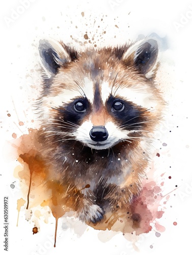 Cute raccoon sitting on the ground, watercolor. Generative AI