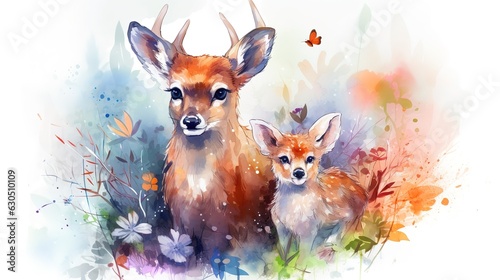 Cute little deer with a flower wreath painted in watercolor on a white isolated background. Generative AI © DZMITRY