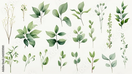 Set of leaves and nature elements painted in watercolor.  Generative AI