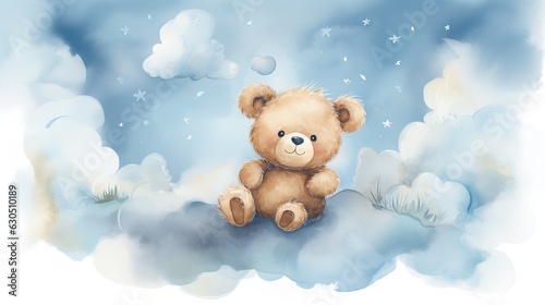 Cute teddy bear sleeps on a cloud, watercolor on a white isolated background. Generative AI