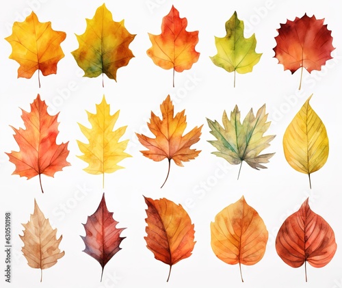 autumn leaves painted with watercolors on a white isolated background. Generative AI