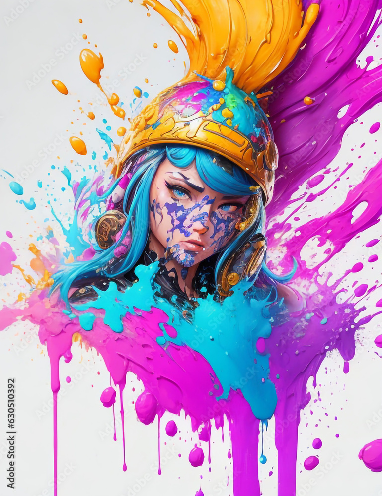 Color paint splash painting illustration with girl's face