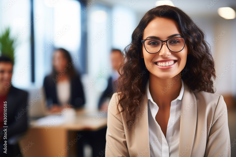 Young woman with captivating and radiant features, representing Latin American heritage, 32 years old, confidently leading a team meeting in a modern office space. businesswoman. manager. made with ai