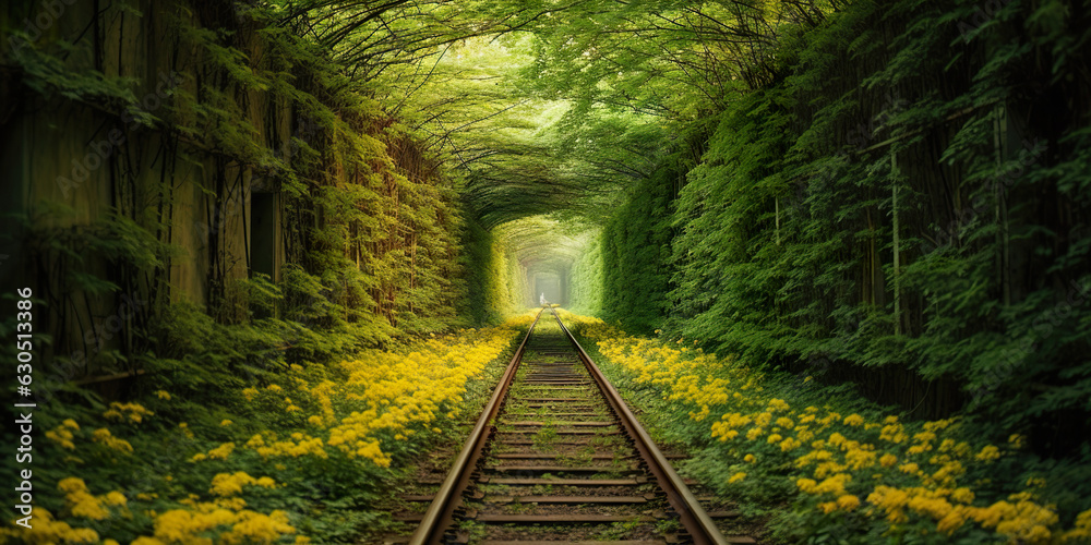 A railway in the spring forest tunnel of love. The light at the end of the tunnel. Autumn tunnel of love. Realistic 3D illustration. Generative AI - obrazy, fototapety, plakaty 
