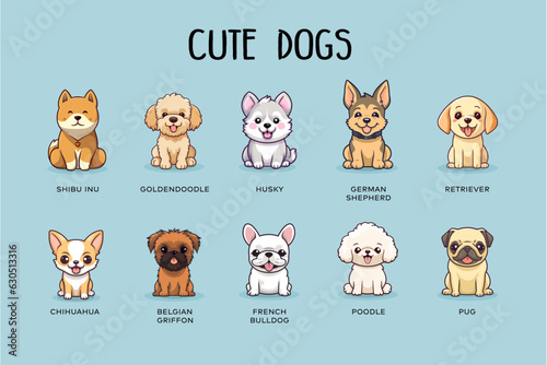 collection of chibi cute dogs flat colourful illustration