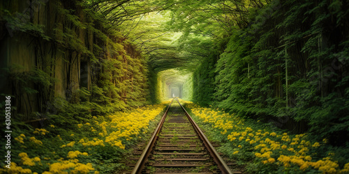 Fototapeta Naklejka Na Ścianę i Meble -  A railway in the spring forest tunnel of love. The light at the end of the tunnel. Autumn tunnel of love. Realistic 3D illustration. Generative AI