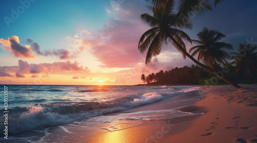 Colored beach with palm trees with sunset light and reflections. Vacation  romance. Ai generation