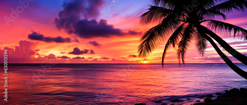 Colored beach with palm trees with sunset light and reflections. Vacation, romance. Ai generation