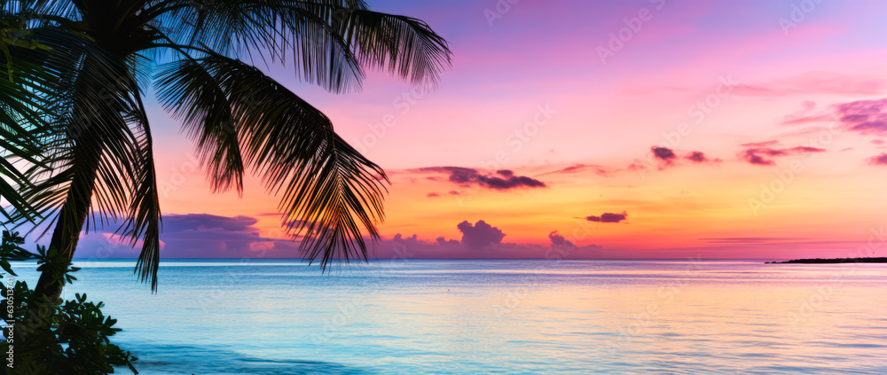 Colored beach with palm trees with sunset light and reflections. Vacation, romance. Ai generation