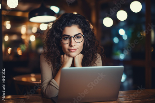 Beautiful young business woman from South America, wavy black hair, wearing glasses. working from his home office and typing on his computer. AI generated image