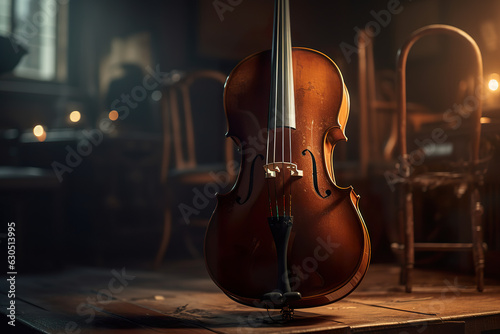 Classical violin in blurred musical instruments room. Violin on a black background in oblique light on one side. Violoncello elegant amazing photography. Realistic 3D illustration. Generative AI