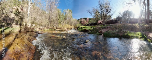 Aerial panoramic view just feet over Tonto Creek in early Spring. 