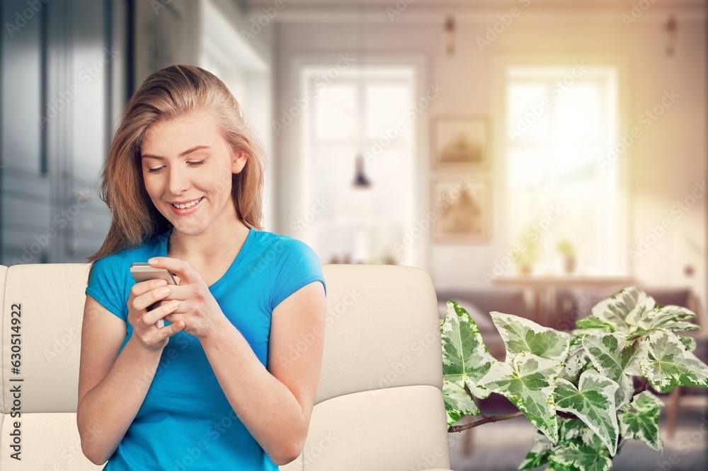 Young woman holding smartphone, checking apps, AI generated image Young woman holding smartphone, checking apps, AI generated image