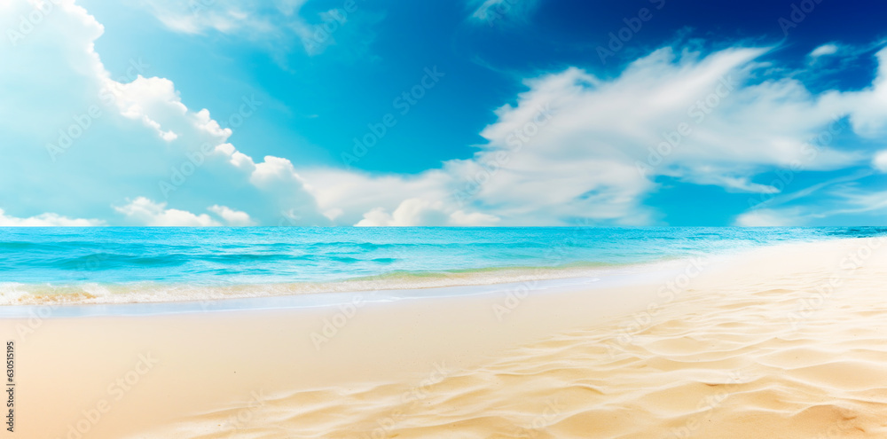 Obraz premium Calm summer empty beach. With bright blue water. Vacation, trip, vacation, flight. Ai generation