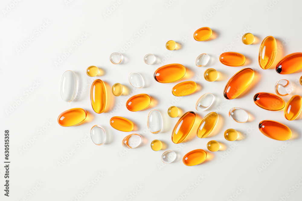 Nutritional supplements in the shape of yellow capsules on a pale backdrop.. Ai generation Nutritional supplements in the shape of yellow capsules on a pale backdrop.. Ai generation